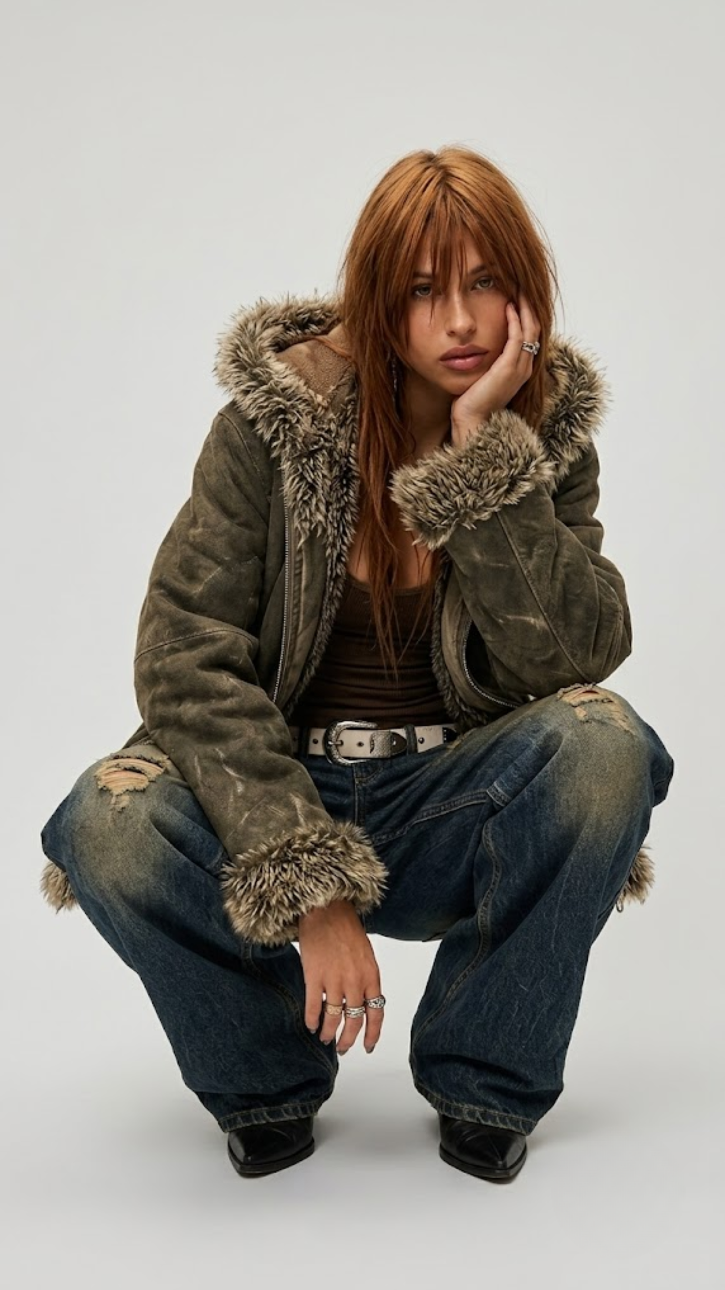 DARKEST OLIVE SUEDE BAGGY OVERSIZED VINTAGE YK2 JACKET WITH FUR