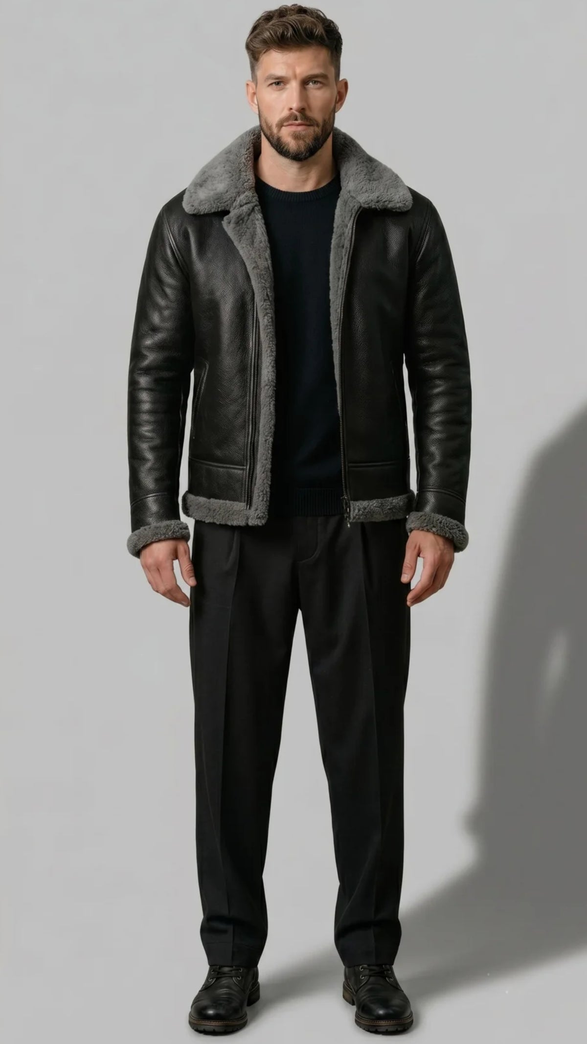BLACK LEATHER JACKET WITH GREY SHEARLING