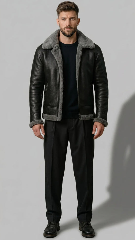 BLACK LEATHER JACKET WITH GREY SHEARLING