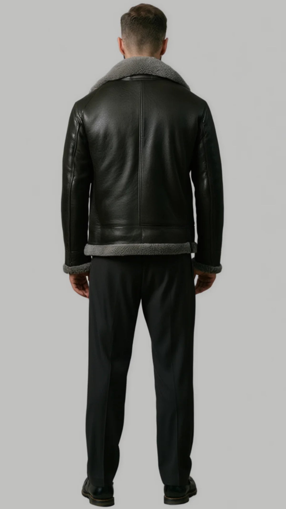 BLACK LEATHER JACKET WITH GREY SHEARLING