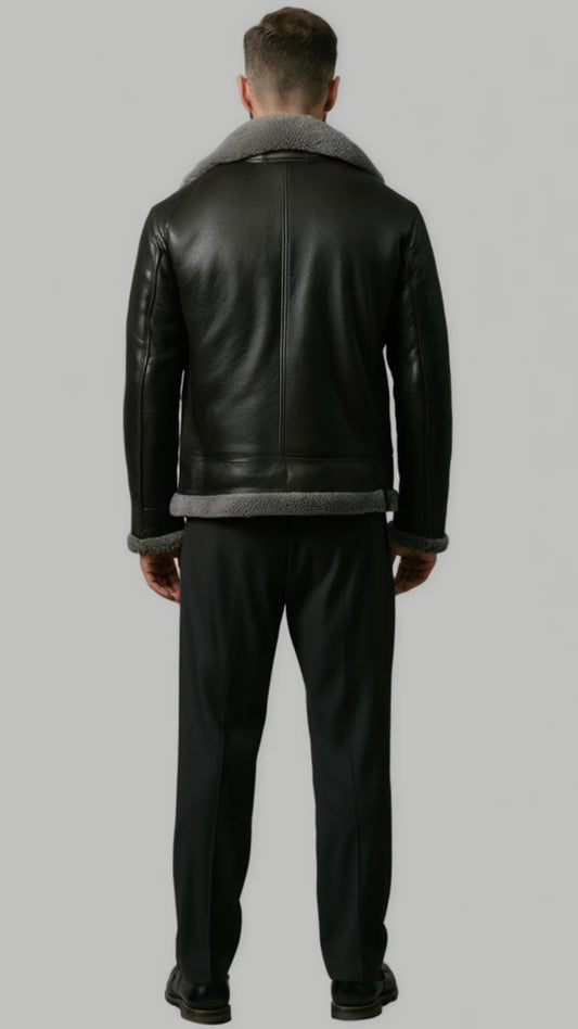 BLACK LEATHER JACKET WITH GREY SHEARLING