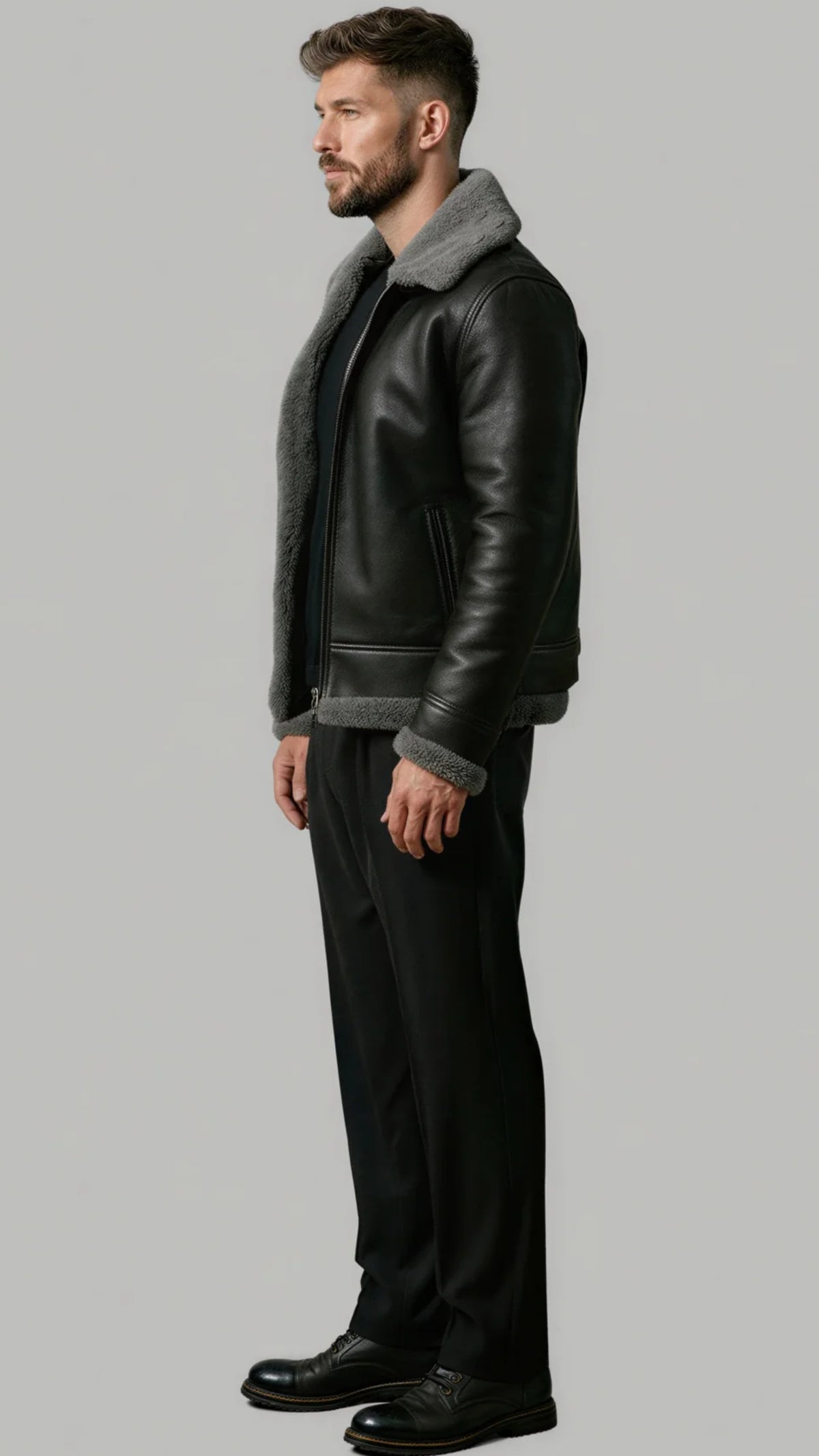 BLACK LEATHER JACKET WITH GREY SHEARLING