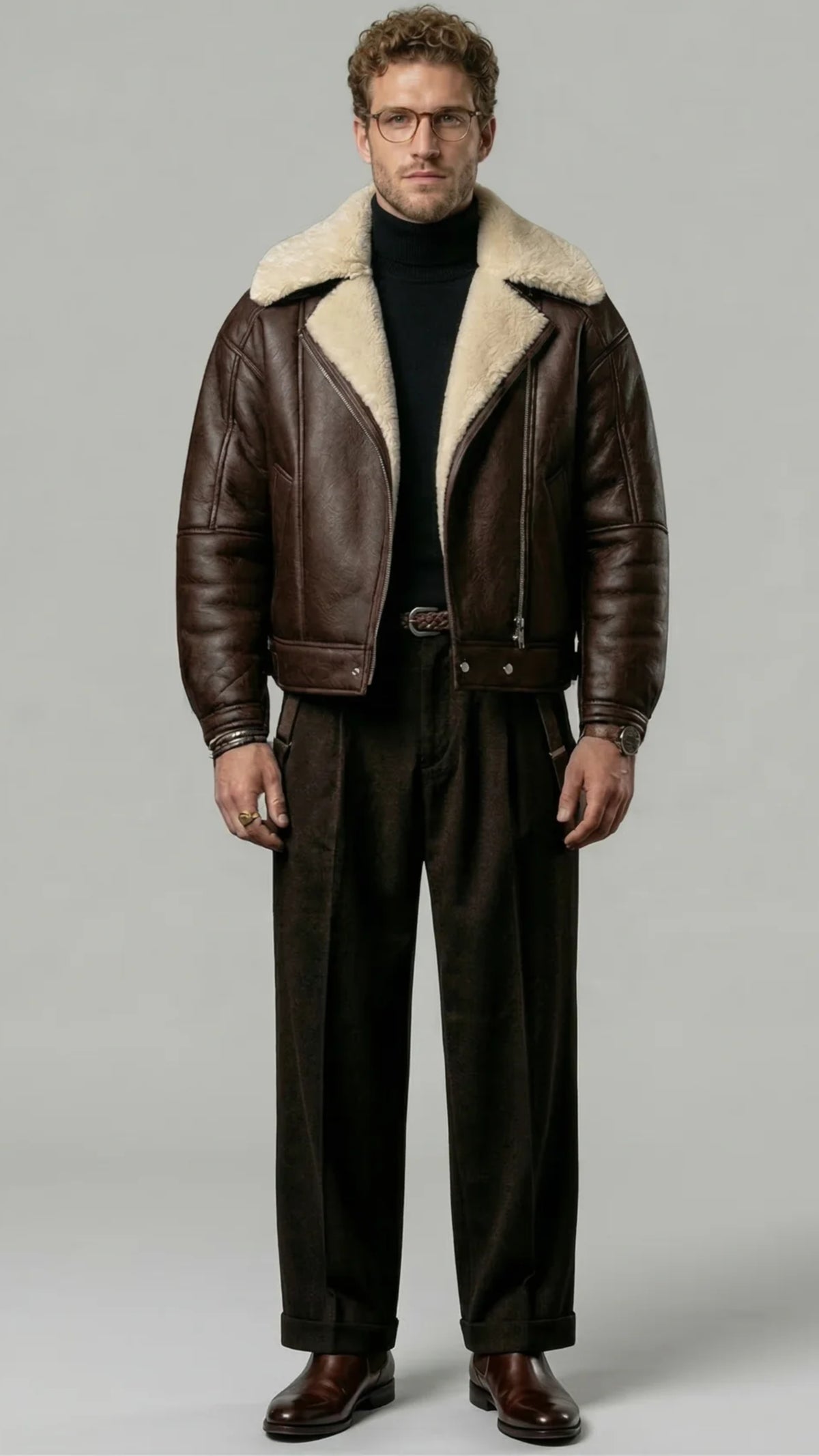 DARK BROWN LEATHER AVIATOR JACKET WITH CREAM SHEARLING