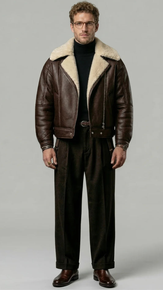 DARK BROWN LEATHER AVIATOR JACKET WITH CREAM SHEARLING