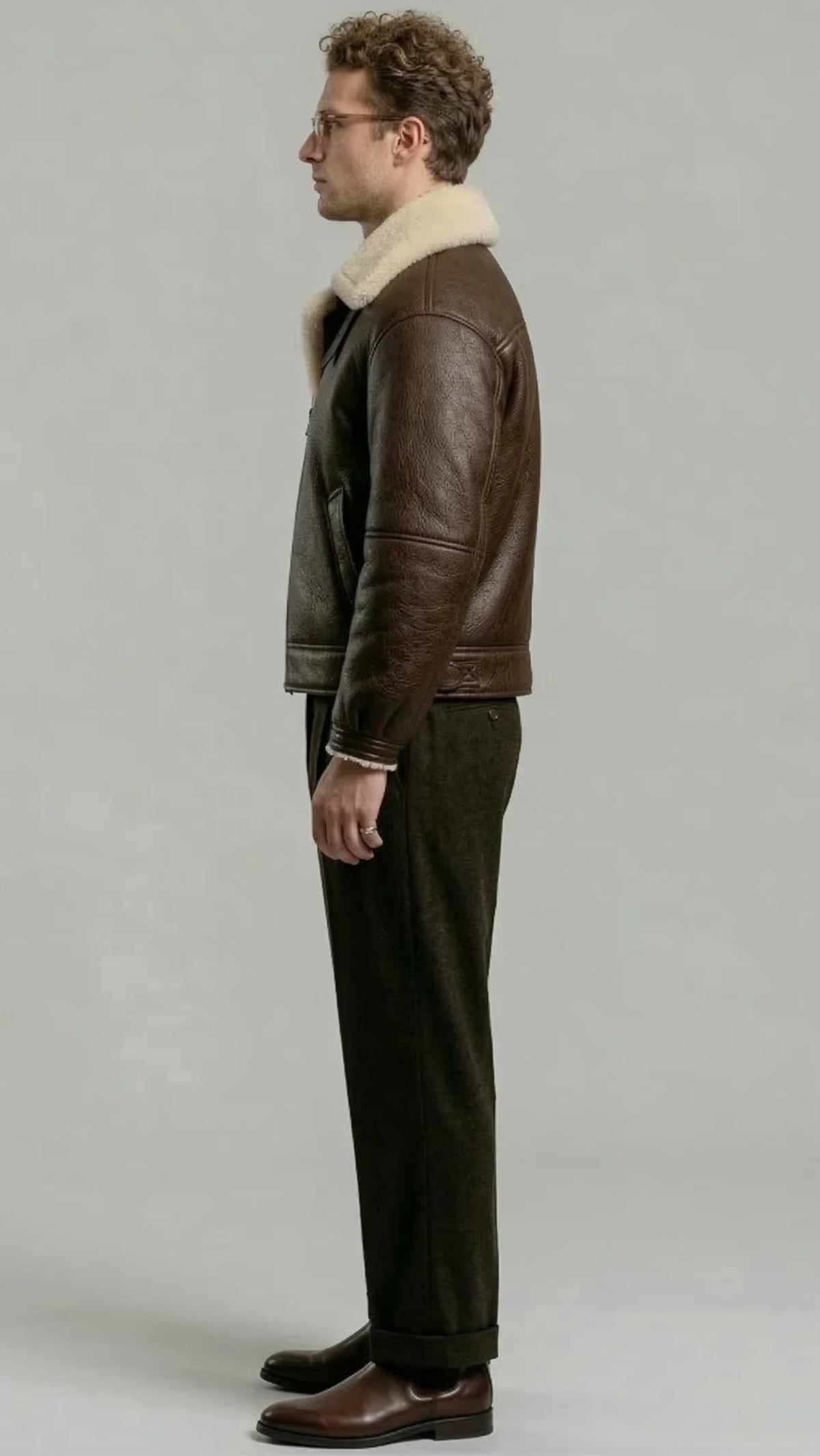 DARK BROWN LEATHER AVIATOR JACKET WITH CREAM SHEARLING