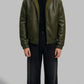 DARK GREEN LEATHER BOMBER JACKET WITH SHEARLING-LINED HOOD