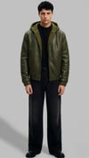 DARK GREEN LEATHER BOMBER JACKET WITH SHEARLING-LINED HOOD