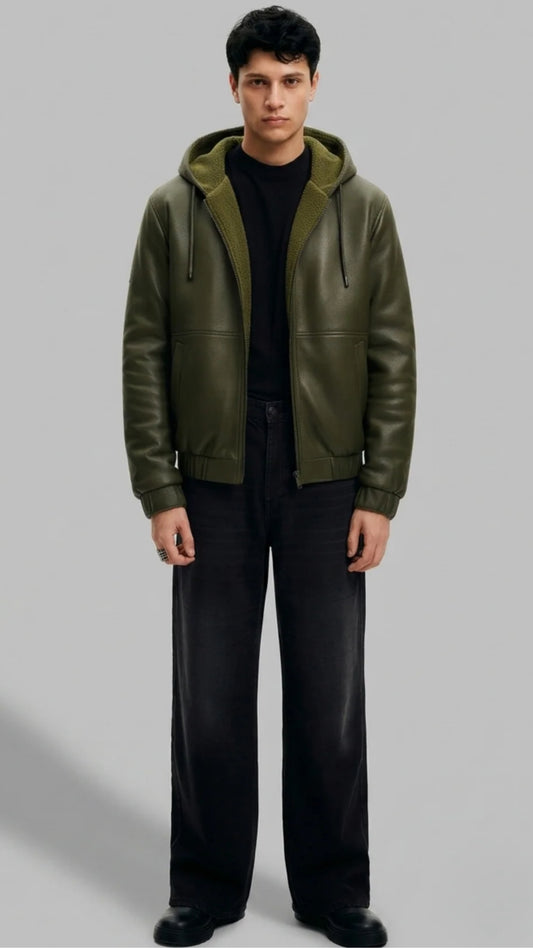 DARK GREEN LEATHER BOMBER JACKET WITH SHEARLING-LINED HOOD