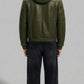 DARK GREEN LEATHER BOMBER JACKET WITH SHEARLING-LINED HOOD