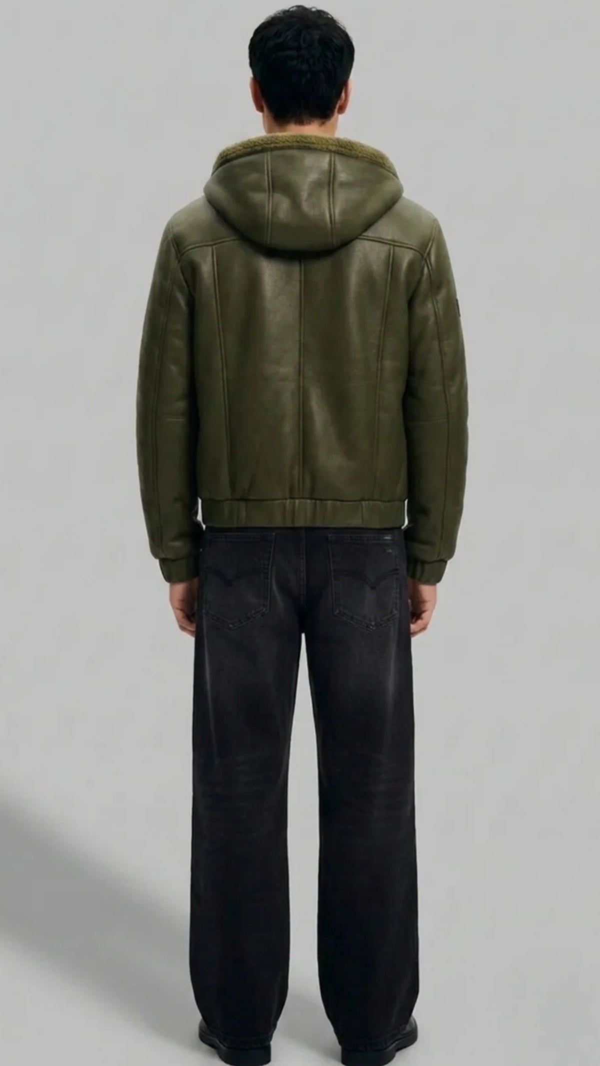 DARK GREEN LEATHER BOMBER JACKET WITH SHEARLING-LINED HOOD