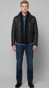 BLACK LEATHER TRUCKER JACKET
