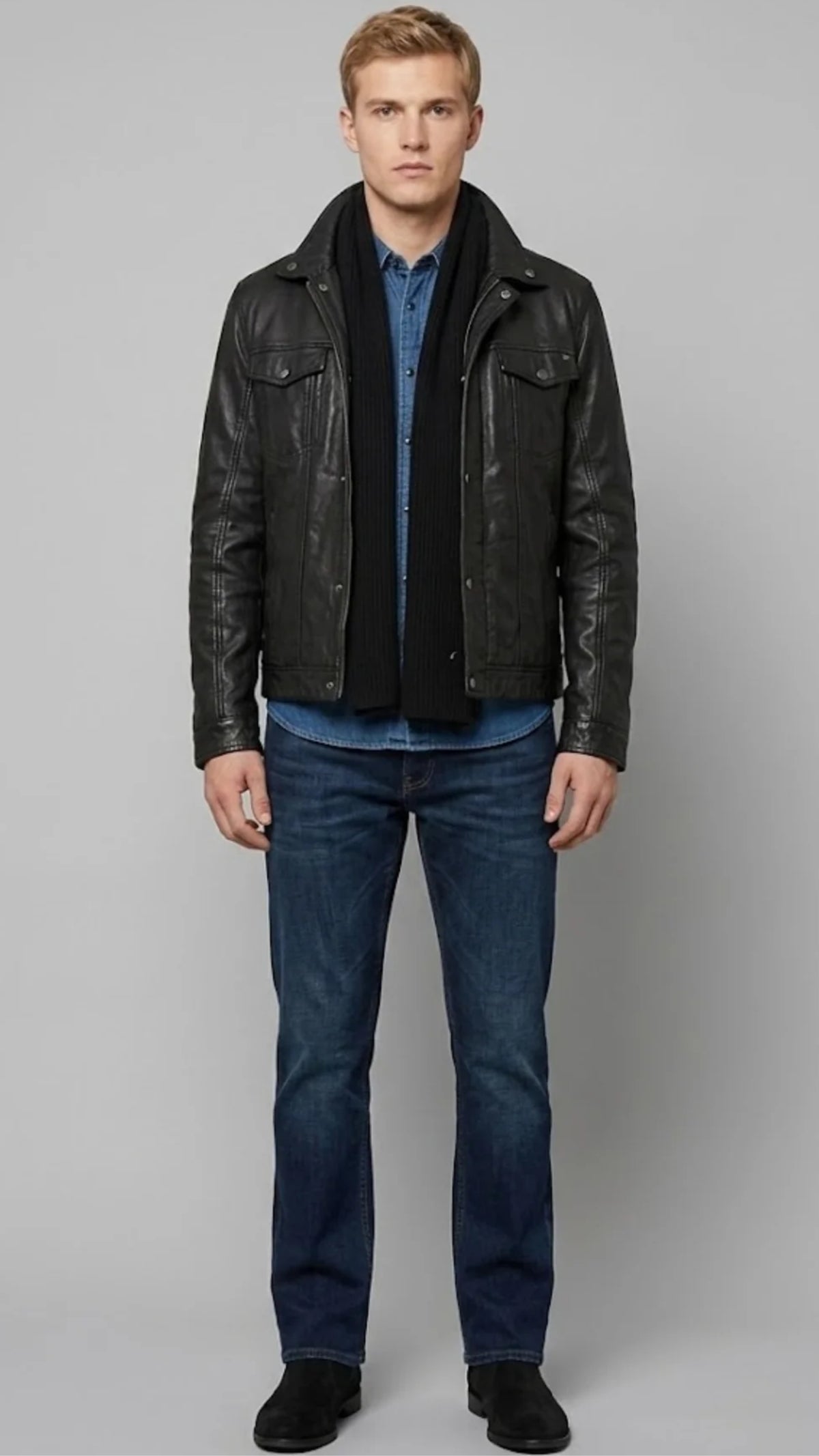 BLACK LEATHER TRUCKER JACKET
