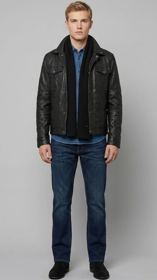 BLACK LEATHER TRUCKER JACKET
