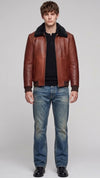 COGNAC LEATHER AVIATOR JACKET WITH BLACK SHEARLING