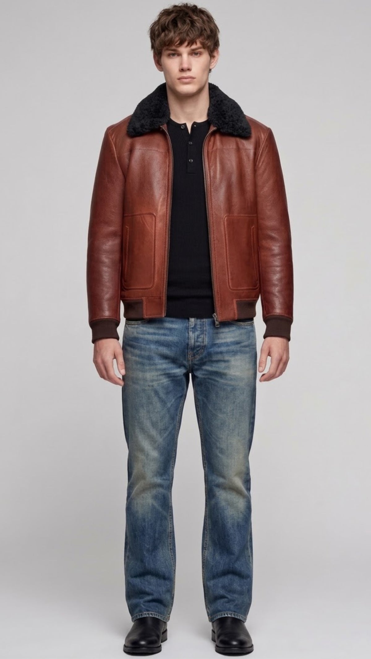 COGNAC LEATHER AVIATOR JACKET WITH BLACK SHEARLING