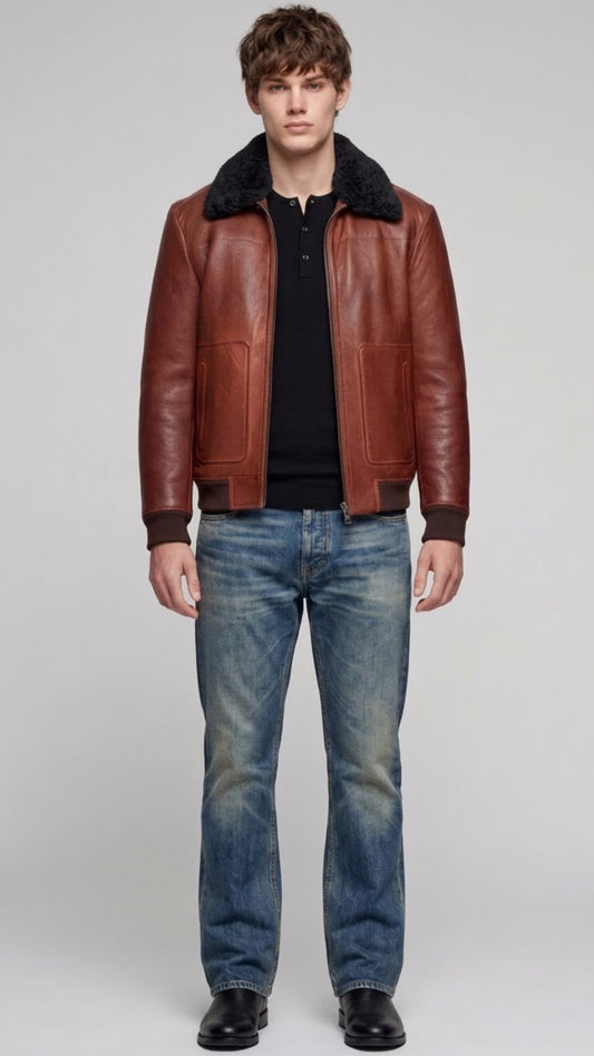 COGNAC LEATHER AVIATOR JACKET WITH BLACK SHEARLING