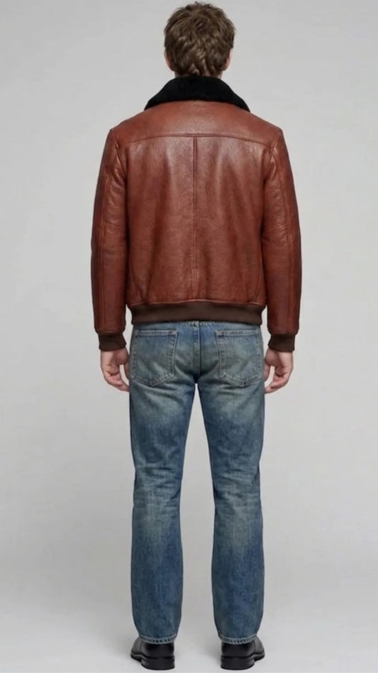 COGNAC LEATHER AVIATOR JACKET WITH BLACK SHEARLING