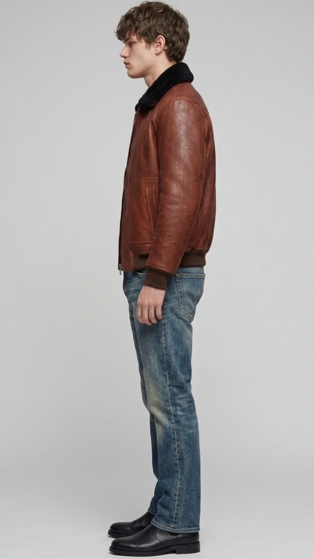 COGNAC LEATHER AVIATOR JACKET WITH BLACK SHEARLING