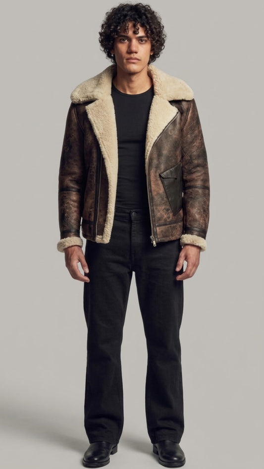 DARK BROWN DISTRESSED AVIATOR JACKET WITH CREAM SHEARLING