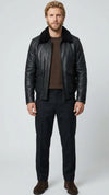 BLACK LEATHER BOMBER JACKET WITH BLACK SHEARLING
