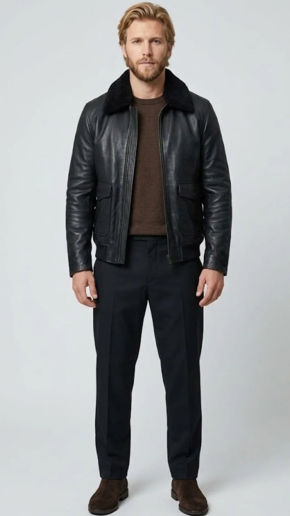 BLACK LEATHER BOMBER JACKET WITH BLACK SHEARLING