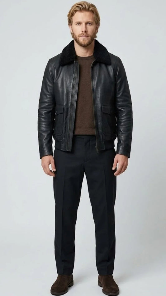 BLACK LEATHER BOMBER JACKET WITH BLACK SHEARLING