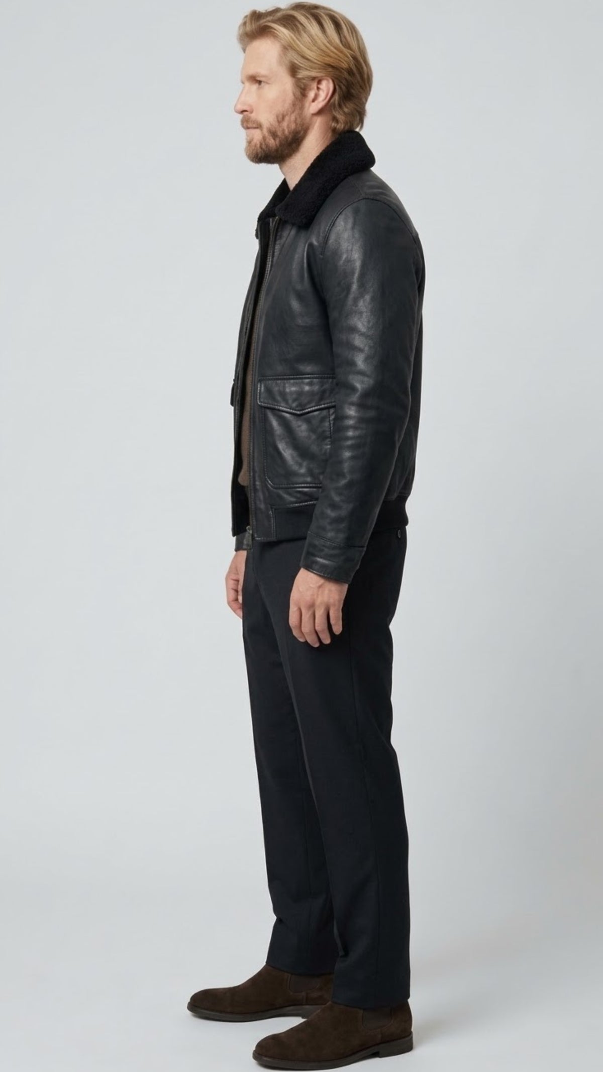 BLACK LEATHER BOMBER JACKET WITH BLACK SHEARLING