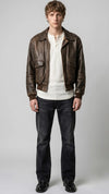 BROWN DISTRESSED LEATHER BOMBER JACKET