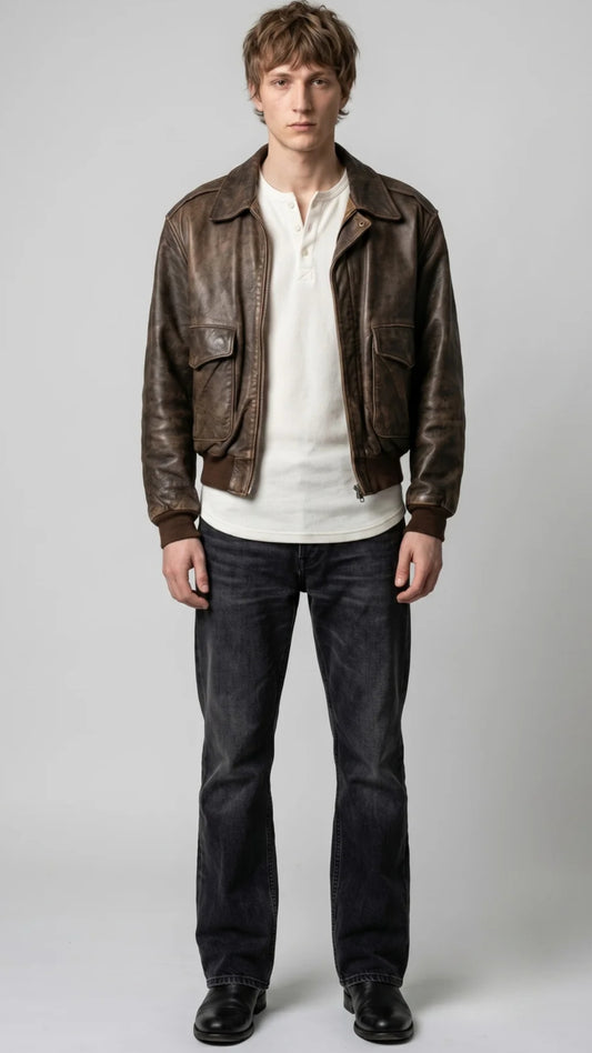 BROWN DISTRESSED LEATHER BOMBER JACKET