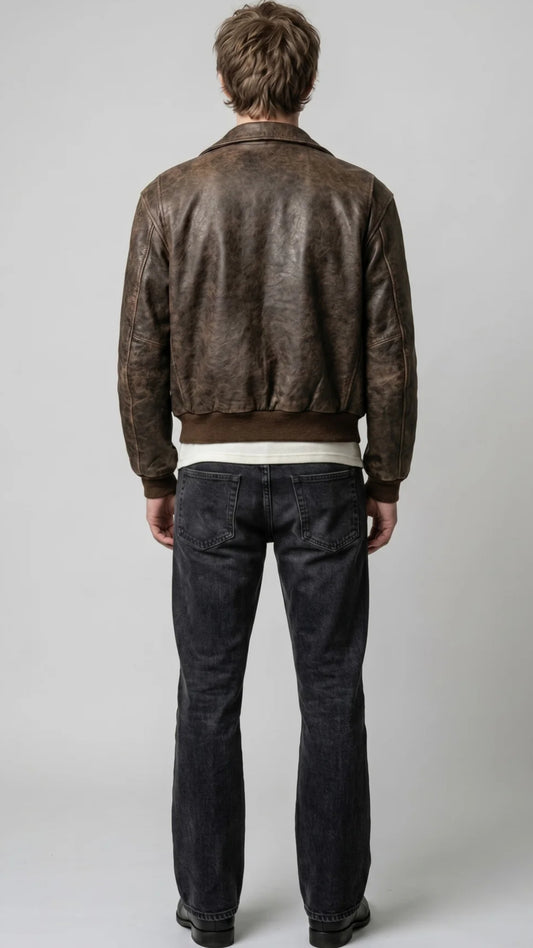 BROWN DISTRESSED LEATHER BOMBER JACKET