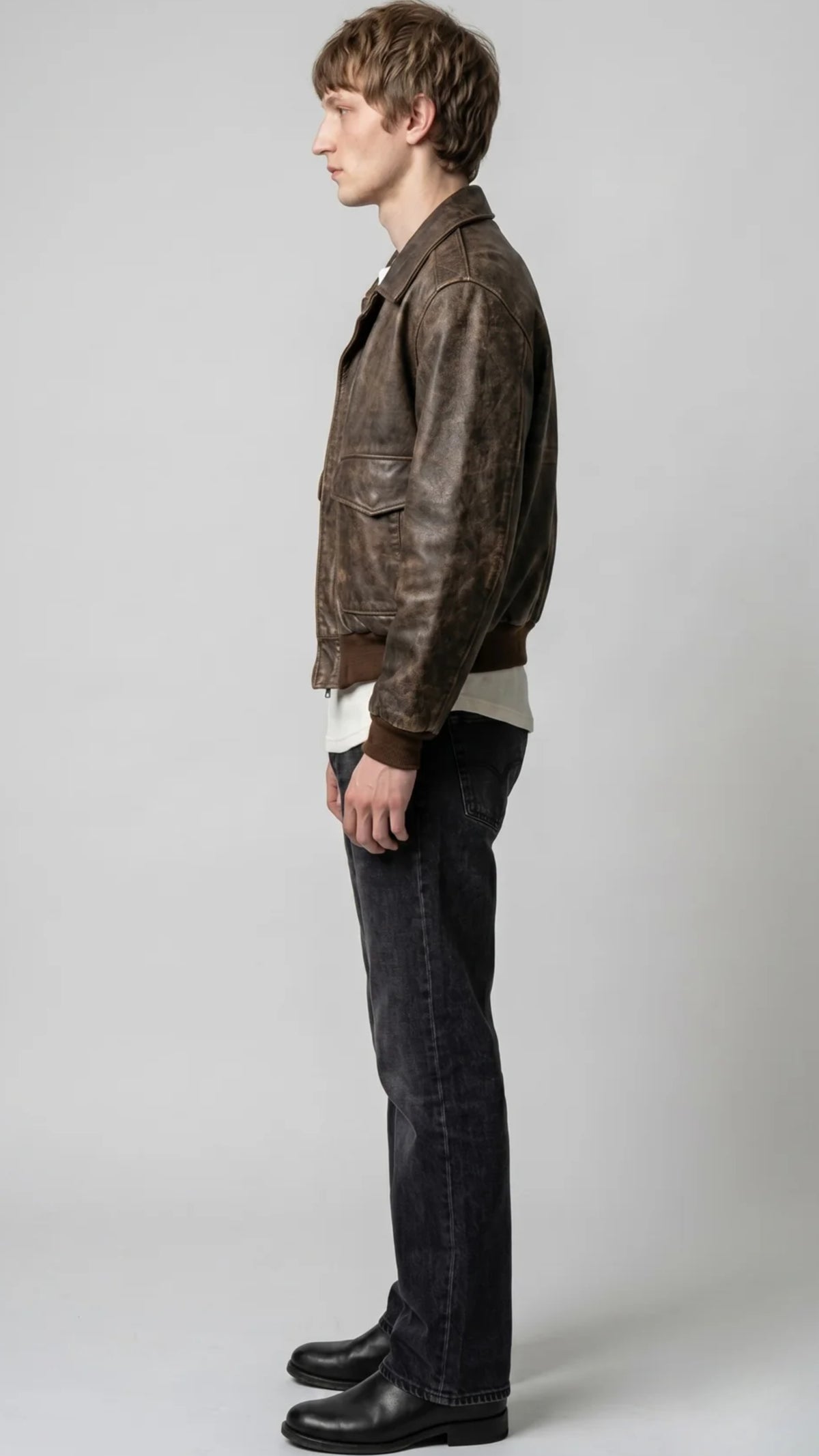 BROWN DISTRESSED LEATHER BOMBER JACKET