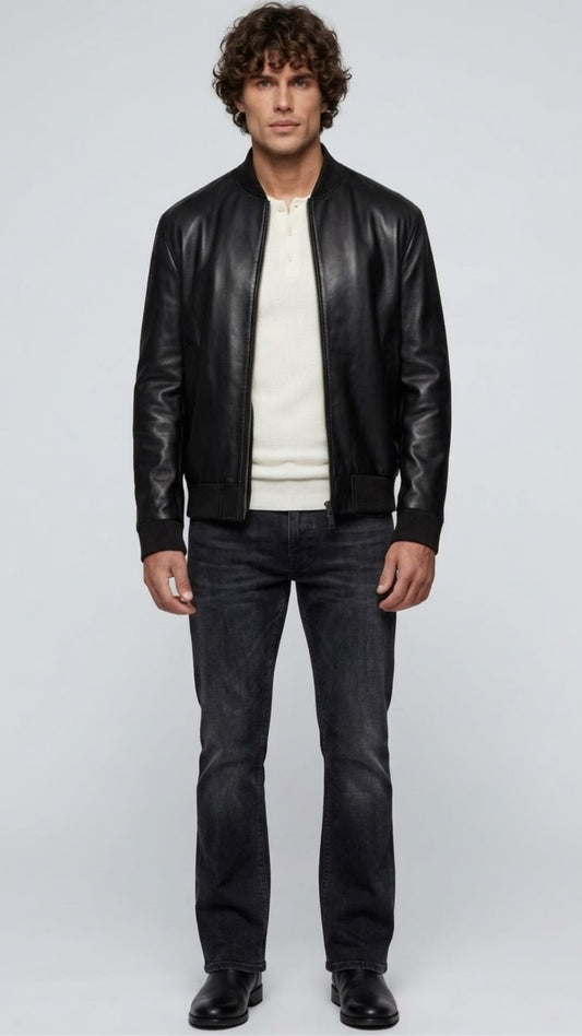 BLACK LEATHER BOMBER JACKET