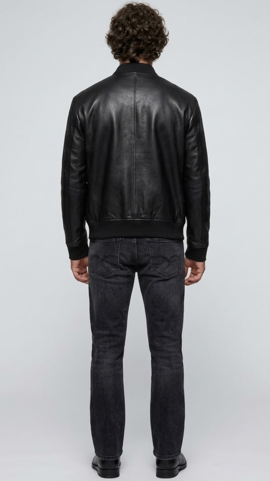 BLACK LEATHER BOMBER JACKET