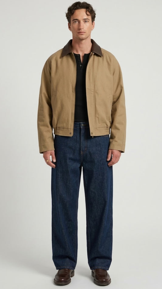 BEIGE LEATHER JACKET WITH DARK BROWN LEATHER COLLAR