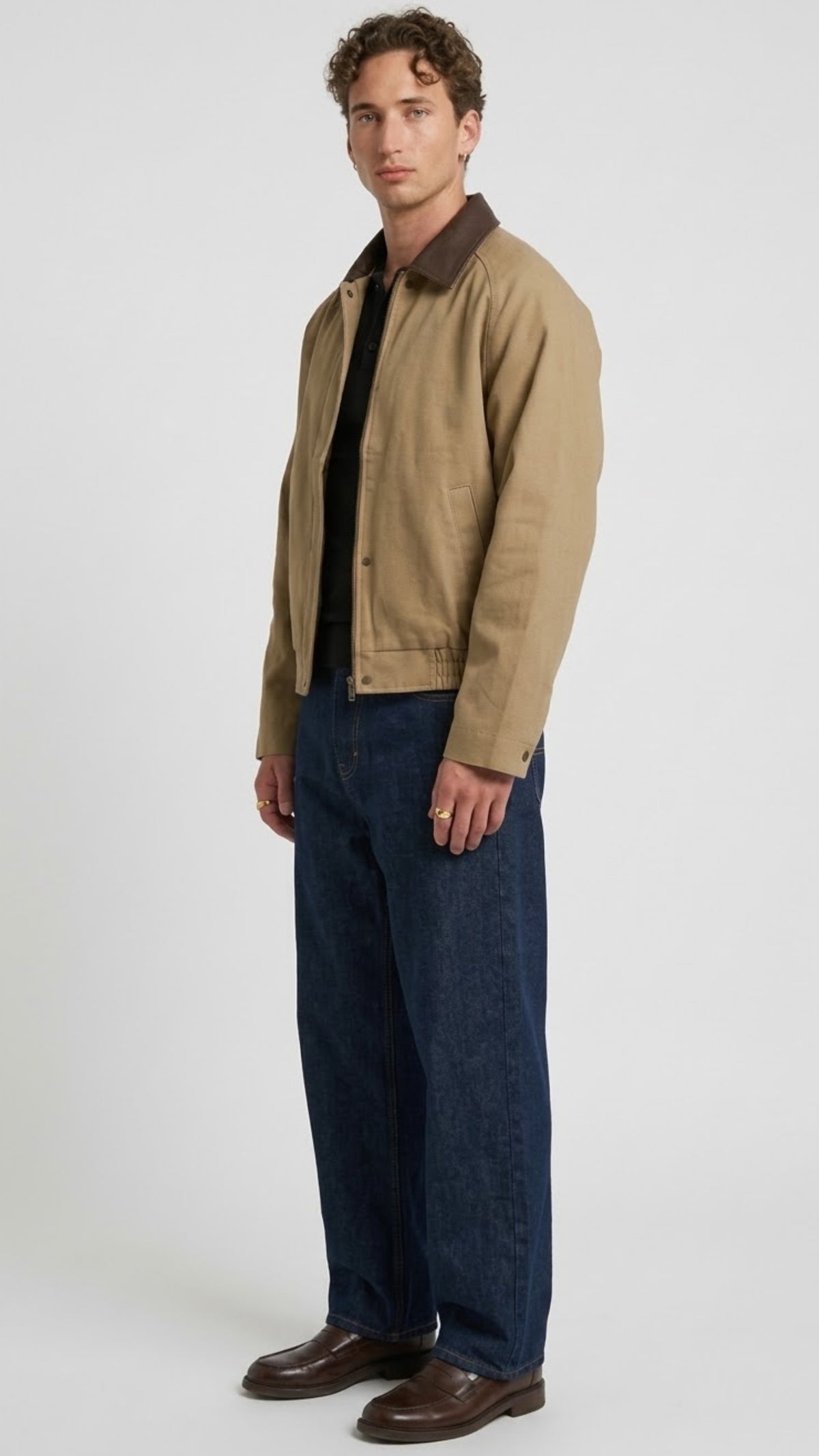 BEIGE LEATHER JACKET WITH DARK BROWN LEATHER COLLAR
