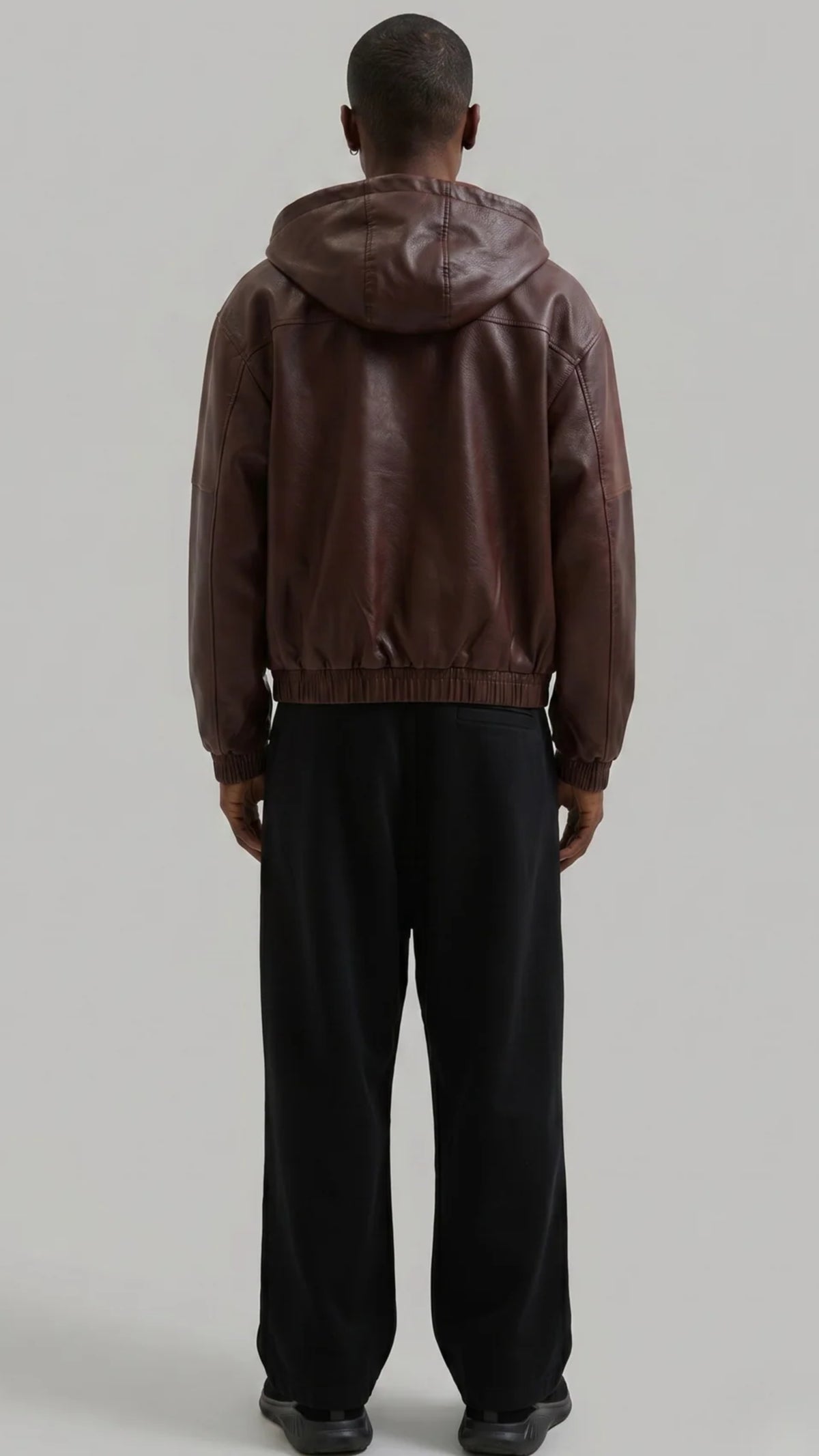 DARK MAROON LEATHER BOMBER JACKET WITH HOOD