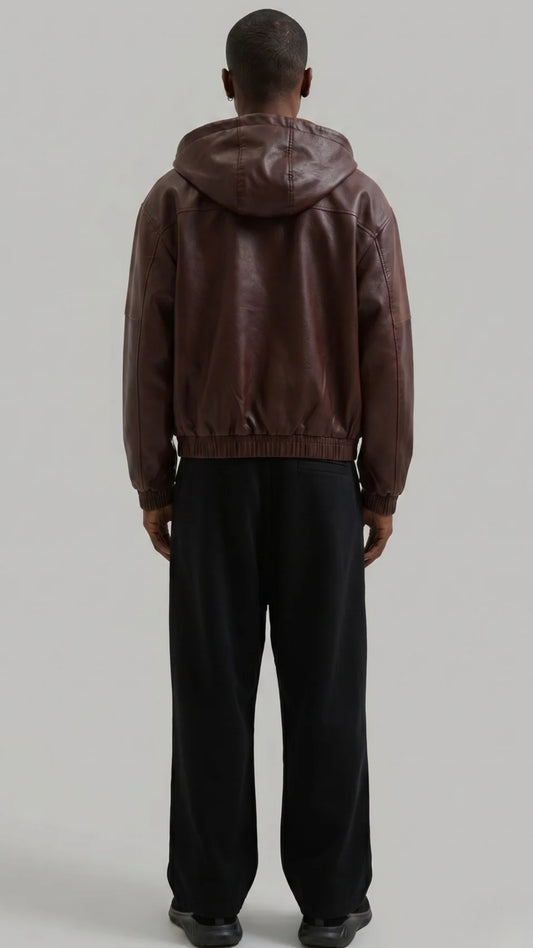 DARK MAROON LEATHER BOMBER JACKET WITH HOOD