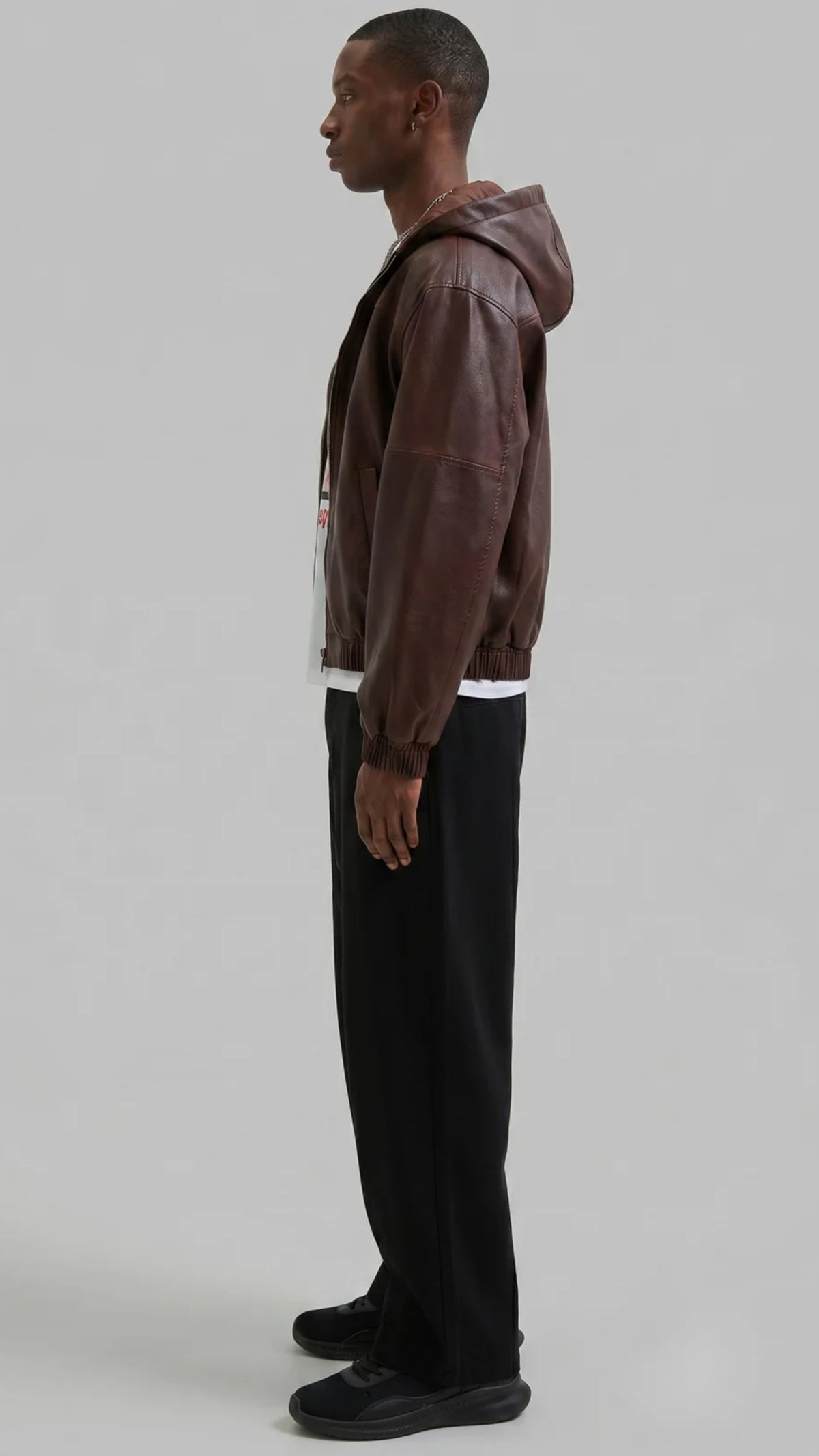 DARK MAROON LEATHER BOMBER JACKET WITH HOOD