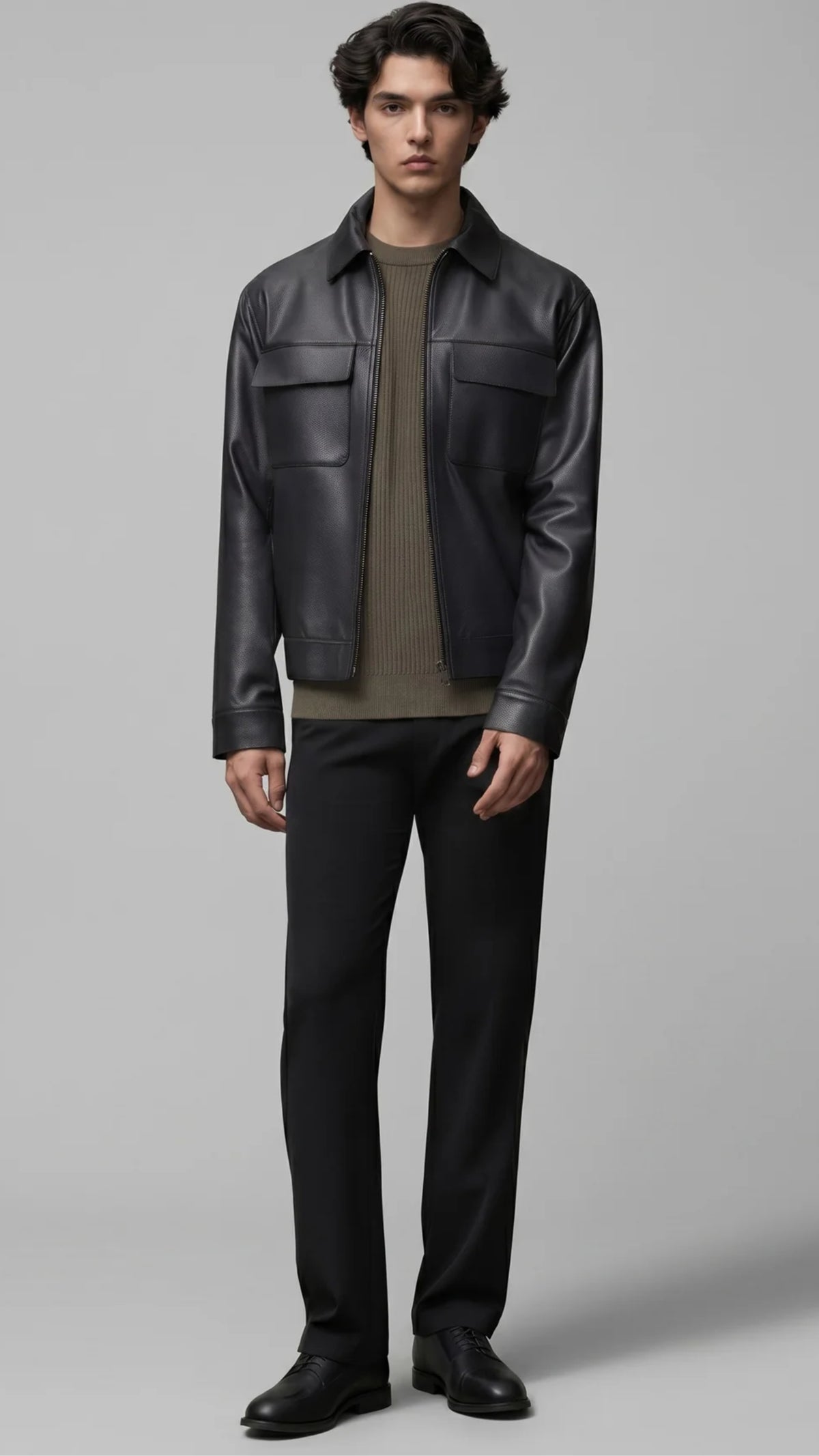 DARK BLACK LEATHER BOMBER JACKET