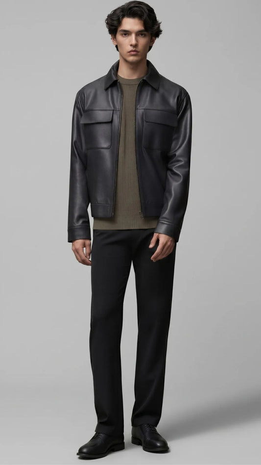DARK BLACK LEATHER BOMBER JACKET