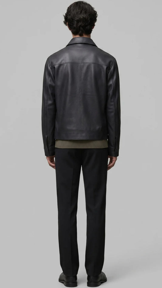 DARK BLACK LEATHER BOMBER JACKET