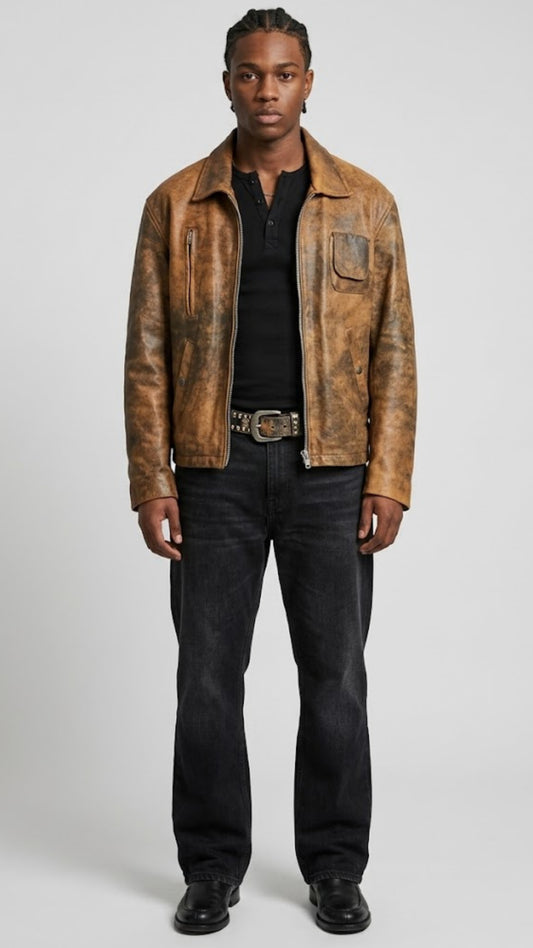 VINTAGE LIGHT BROWN DISTRESSED LEATHER JACKET