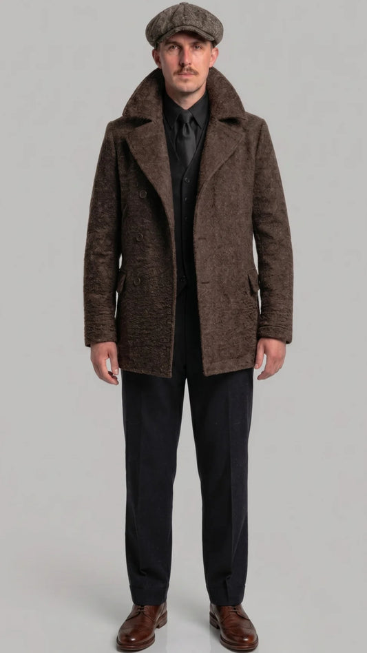 DARK BROWN LONG WOOL PEA-COAT