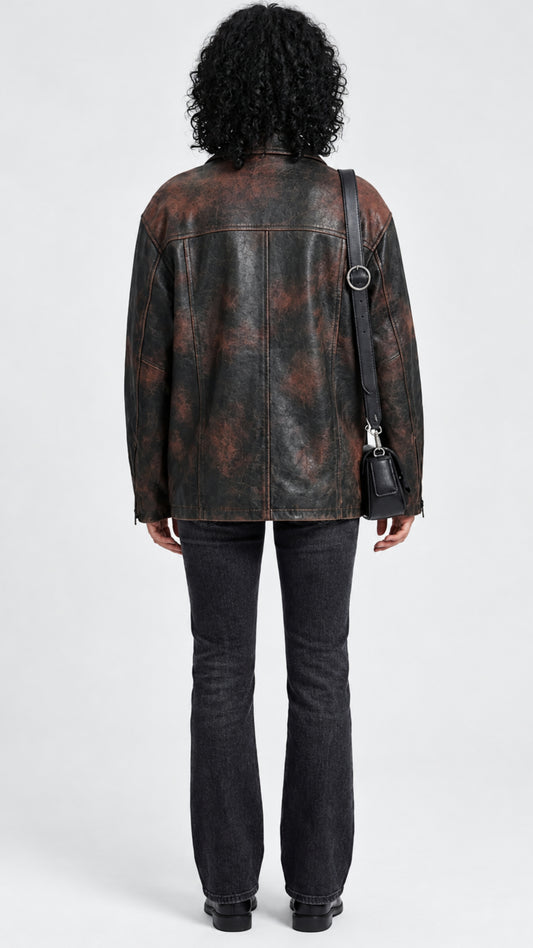 PREMIUM DISTRESSED BLACK LEATHER TRUCKER JACKET