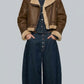 BROWN LEATHER CROPPED AVIATOR FLIGHT JACKET WITH CREAM SHEARLING