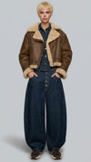 BROWN LEATHER CROPPED AVIATOR FLIGHT JACKET WITH CREAM SHEARLING