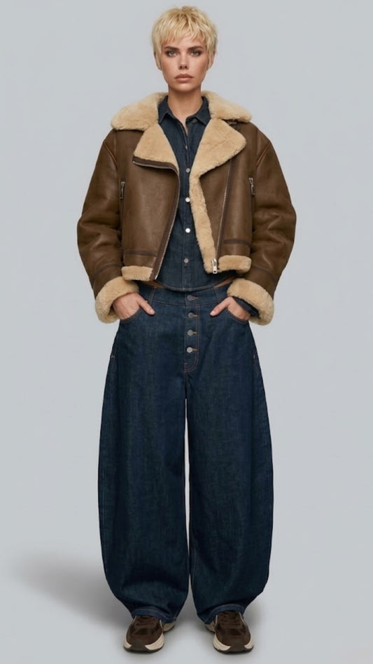 BROWN LEATHER CROPPED AVIATOR FLIGHT JACKET WITH CREAM SHEARLING
