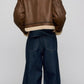 BROWN LEATHER CROPPED AVIATOR FLIGHT JACKET WITH CREAM SHEARLING