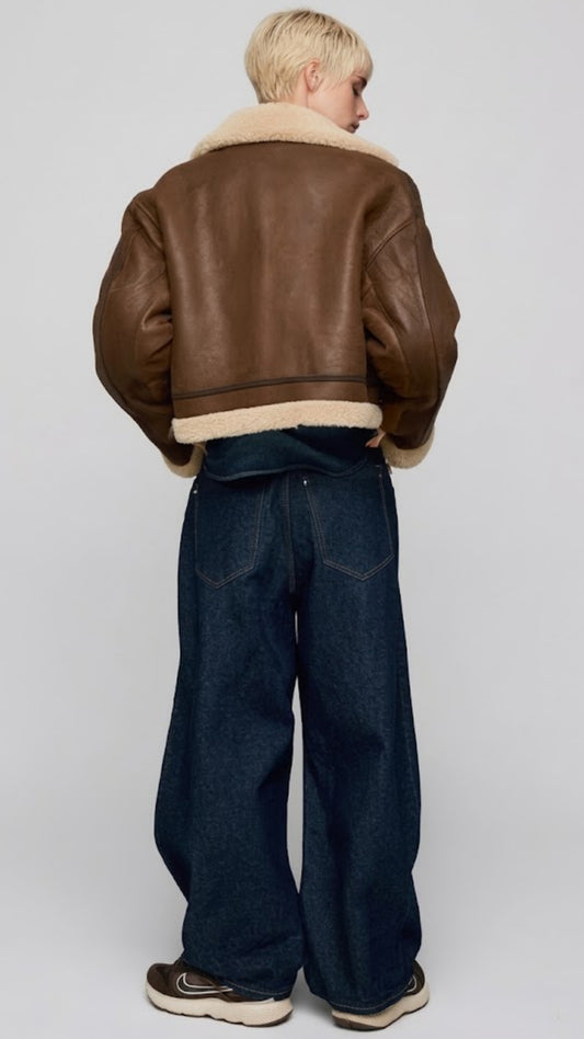 BROWN LEATHER CROPPED AVIATOR FLIGHT JACKET WITH CREAM SHEARLING