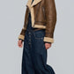 BROWN LEATHER CROPPED AVIATOR FLIGHT JACKET WITH CREAM SHEARLING